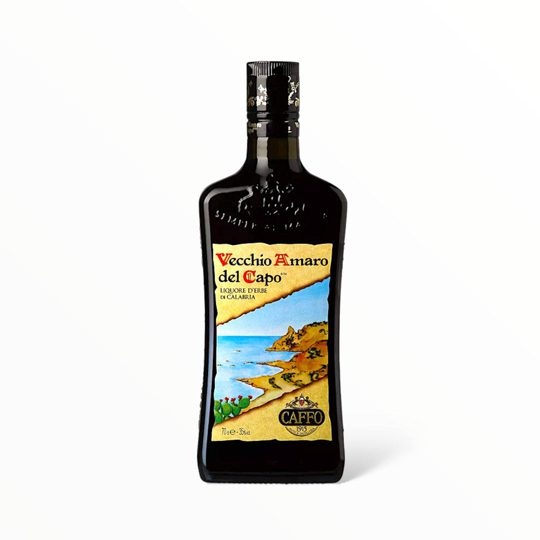 Bottle of Vecchio Amaro del Capo, an Italian herbal liquor with a sweet and slightly bitter taste, containing 29 herbs, fruits, and roots, 75cl.