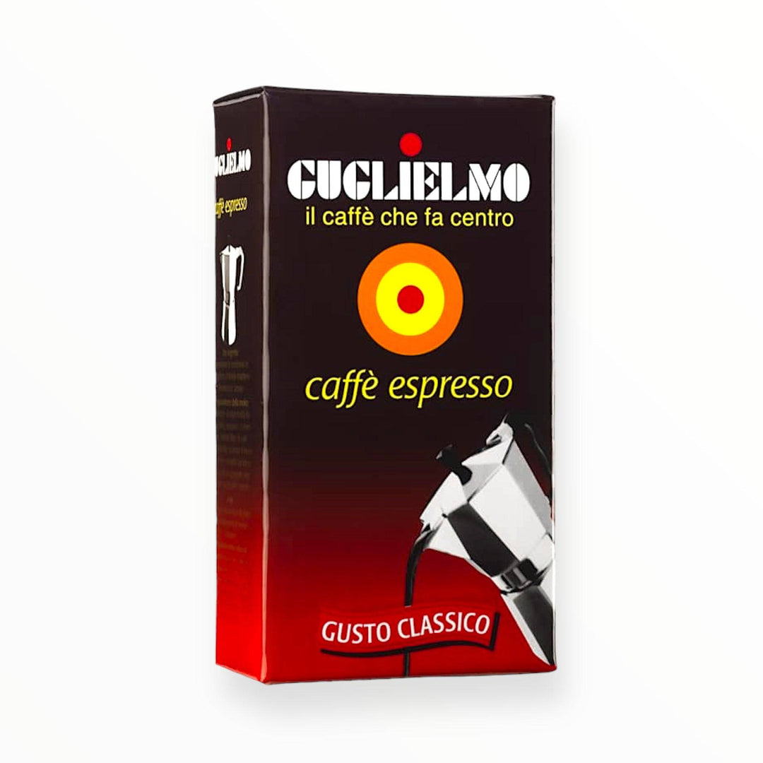 Confezione di caffè Guglielmo macinato gusto classico 250gr con moka illustrata