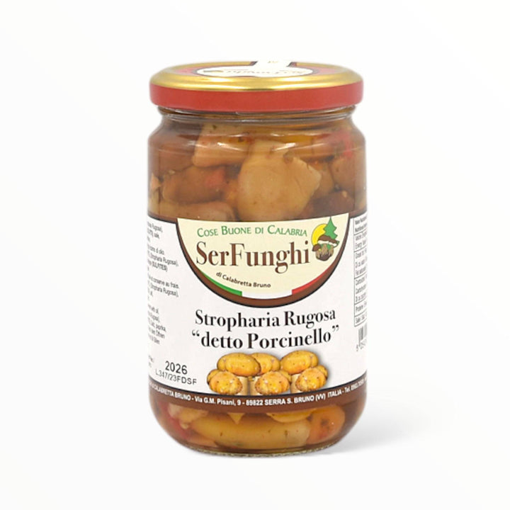 Jar of Fungo Porcinello delle Serre mushrooms by SerFunghi, aromatic woodland mushrooms ideal for appetizers, side dishes, sandwiches, and sauces.